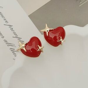 Heart and Stars Earrings Red Enamel and Gold plated Studs Hypoallergenic